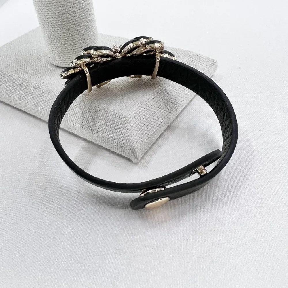 Black Jeweled Double Stacked Flower Gold Tone Black Leather 7” Bracelet - Picture 4 of 9